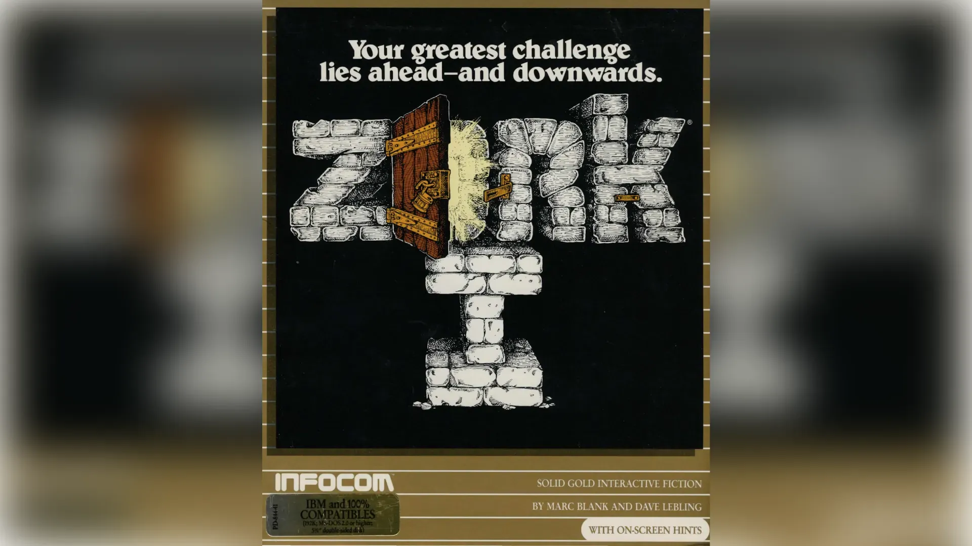 Zork cover art with the text 'Your greatest challenge lies ahead and downwards'